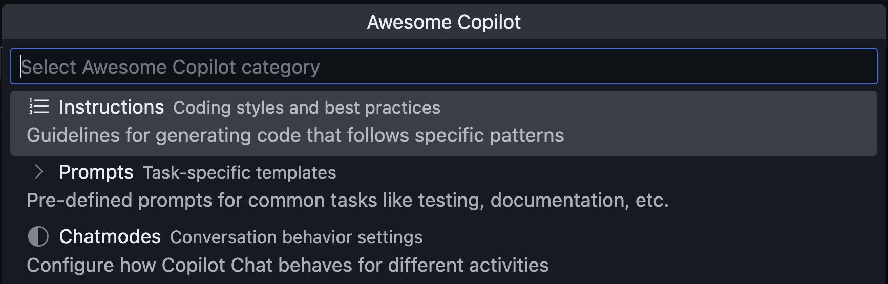 Awesome Copilot menu